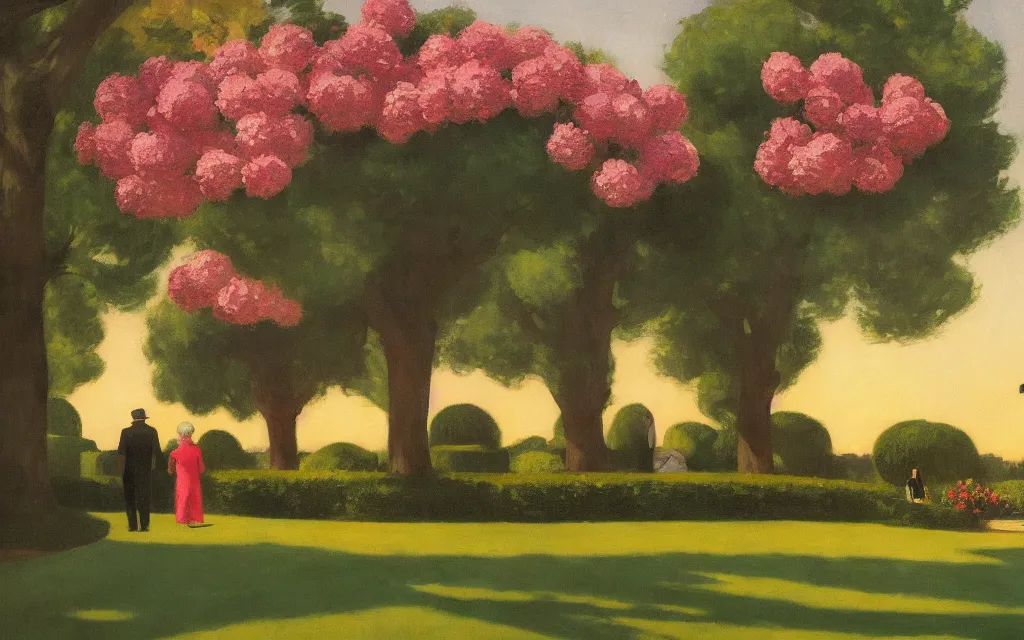 Prompt: an elderly couple walking from behind under an avenue of roses, in the background a small house surrounded by trees and flowers, sunset, highly detailed, cinematic lighting, perfect composition, 4 k, edward hopper