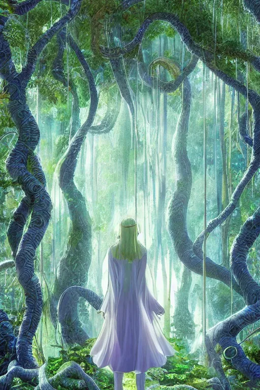 Image similar to hyperrealistic shining transparent person at mystical blue color scheme exotic forest, white pink glowing foliage, large tall trunks trees, intricate hanging vines, moss by miyazaki, nausicaa ghibli, moebius