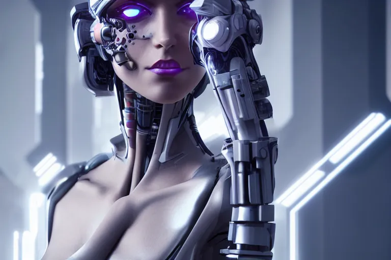 Image similar to cyberpunk cyborg woman concept inspired, futuristic look, highly detailed body, very powerful, photorealistic camera shot, bright studio setting, studio lighting, crisp quality and light reflections, unreal engine 5 quality render