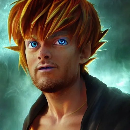 Image similar to shaggy going super sayain, au naturel, hyper detailed, digital art, trending in artstation, cinematic lighting, studio quality, smooth render, unreal engine 5 rendered, octane rendered, art style by klimt and nixeu and ian sprigger and wlop and krenz cushart