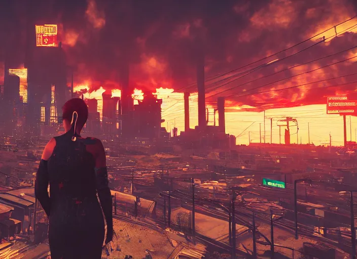 Prompt: mysterious sad rotten girl wrapped in smoke and a red dress is observing a big industrial city metropoli in the distance, cloudy sky, cyberpunk 2 0 7 7