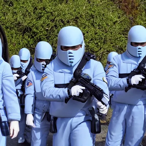 Image similar to troop jack black clones with white bob hairdos, tight light blue and lavender neopren suits, futuristic cloning facility, sci - fi, highly detailed, cinematic