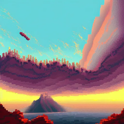 Image similar to pixel art, octavi navarro, skydsgaard, pixels huh, landscape, artstation, high quality, cliffs, coastal, sunset