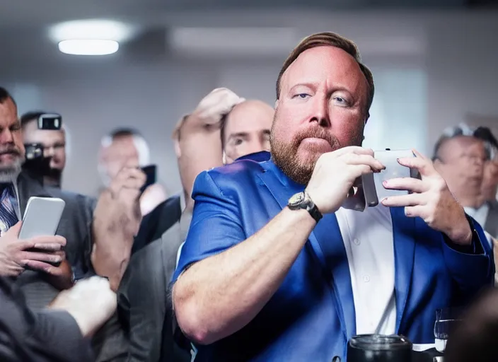 Prompt: dslr photo still of infowars host alex jones in a blue suit fat beard and mustache sitting depressed in a room filled to the ceiling with cell phones stacks of cell phones cell phones everywhere cell phones filling the entire room, 5 2 mm f 5. 6