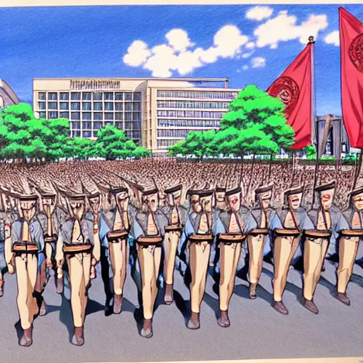 Image similar to anime art, army march in infinitia square in front of infinian de gowyernmentıa in government center during mother's day