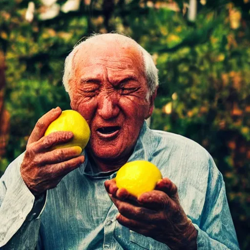 Prompt: old men eating lemon very detailed photo award winning, realistic real life style