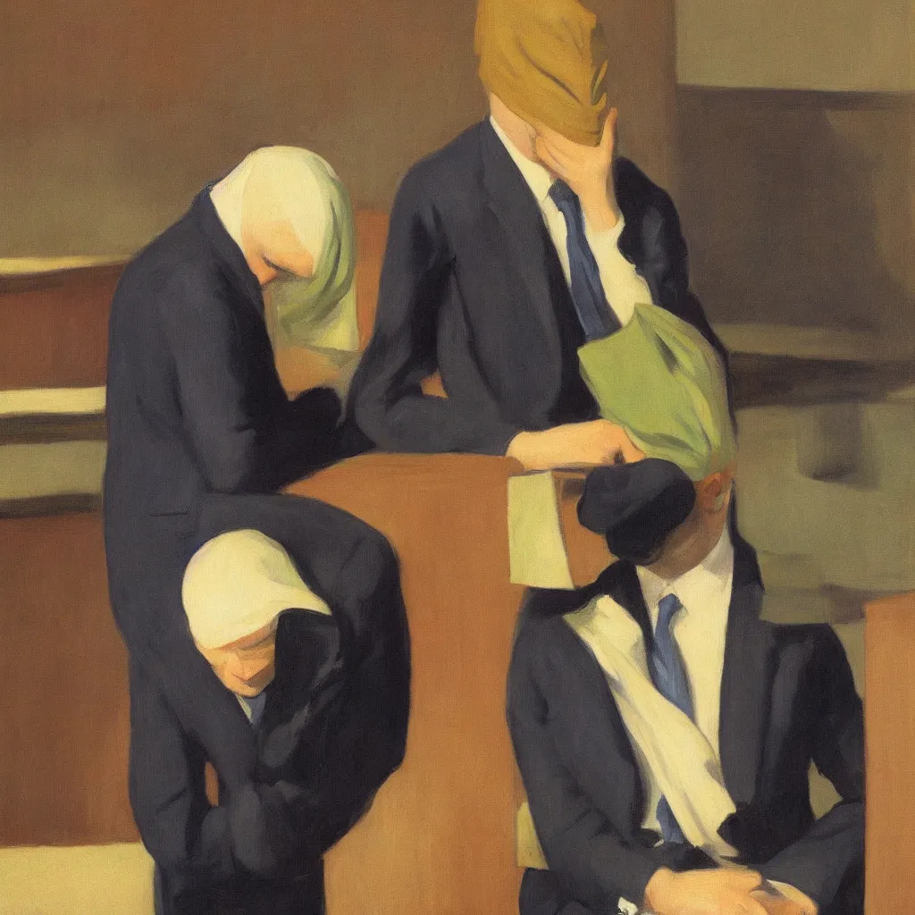 Image similar to Man in a business suit with a bag covering his head, by Edward Hopper