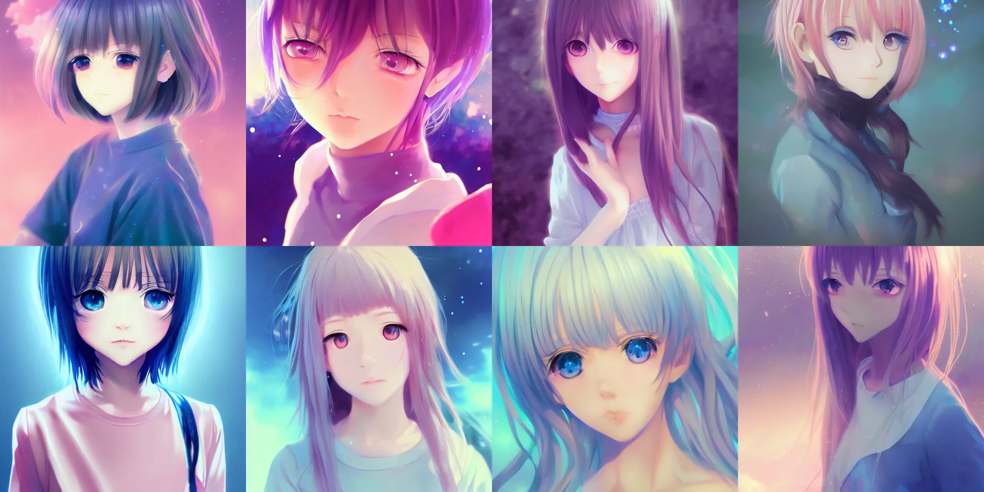 Prompt: anime moe girl, blue eyes, portrait in extremely cute realistic digital art style with bloom ethereal effects, trending on Artstation, pixiv, made by Ilya Kuvshinov, WLOP, feminine in pastel shades