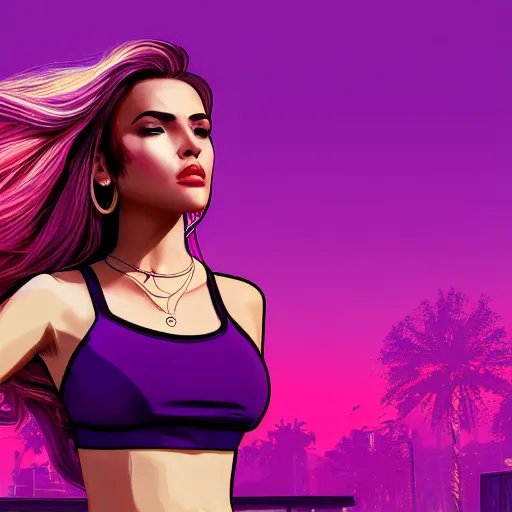 Image similar to a stunning GTA V loading screen with a beautiful woman with ombre hairstyle in purple and pink blowing in the wind, city streets, golden ratio, digital art, trending on artstation