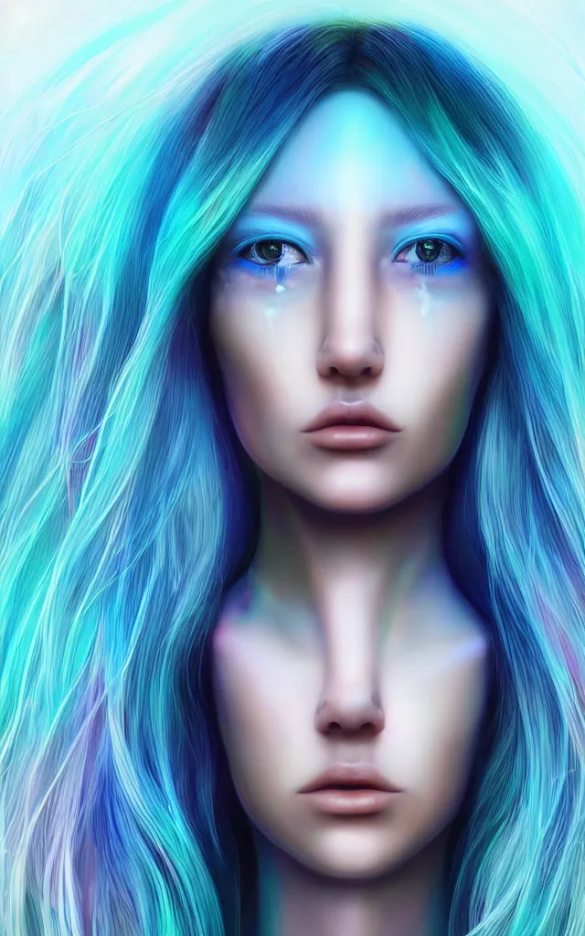 Image similar to portrait concept art of a future ai artificial intelligence virtual reality vr artist human stunningly beautiful face with perfectly symmetrical features photorealistic illustration digital rendering 8 k cinematic goldenhour sunset professional photo selfie two perfect symmetrical eyes with a rainbow chromatic iris and white sclera shimmering flowing cyan azure blue hair smooth porcelain unblemished skin gazing into the sunset futuristic fashion clothes