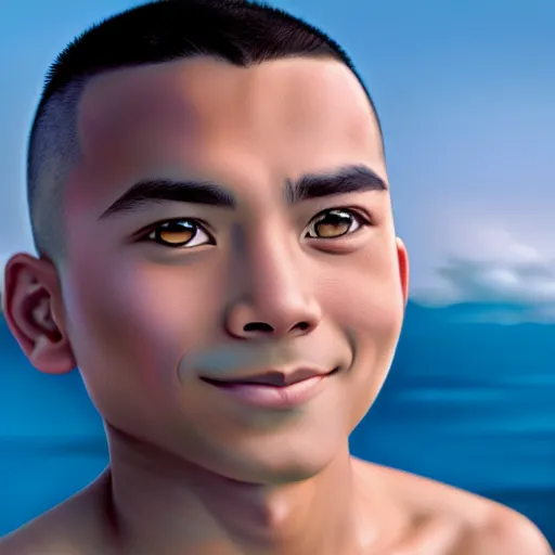 Image similar to beautiful serene intricate photograph of sokka from the water tribe as an inuit young man, dark hair, light blue eyes, smiling softly, relaxing on the beach, golden hour, soft focus, 8 k, art by irakli nadar, hyperrealism, hyperdetailed, ultra realistic