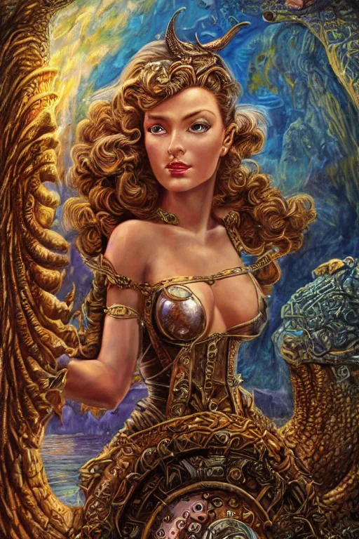 Image similar to Mystical Valkyrie, Portrait of a beautiful female Atlantean Reptilian Warrior, Realistic, Regal, Refined, Detailed Digital Art, Michael Cheval, Walt Disney (1937), François Boucher, Oil Painting, Steampunk, Josephine wall, Highly Detailed, Cinematic Lighting, Unreal Engine, 8k, HD