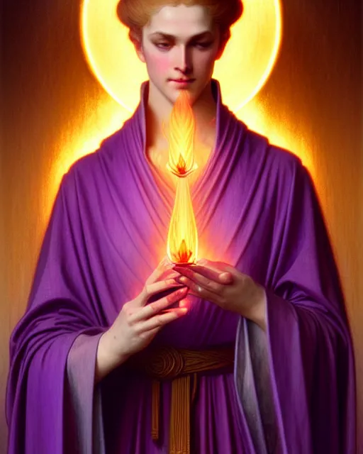 Prompt: saint germain holding a violet flame, fire that is violet colored, intricate, elegant, highly detailed, digital painting, artstation, concept art, smooth, sharp focus, illustration, art by artgerm and greg rutkowski and fra angelico and alphons mucha