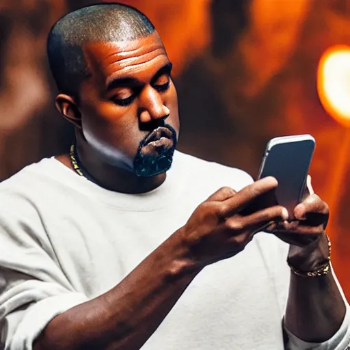 Image similar to Kanye West checking his phone 4K quality super realistic