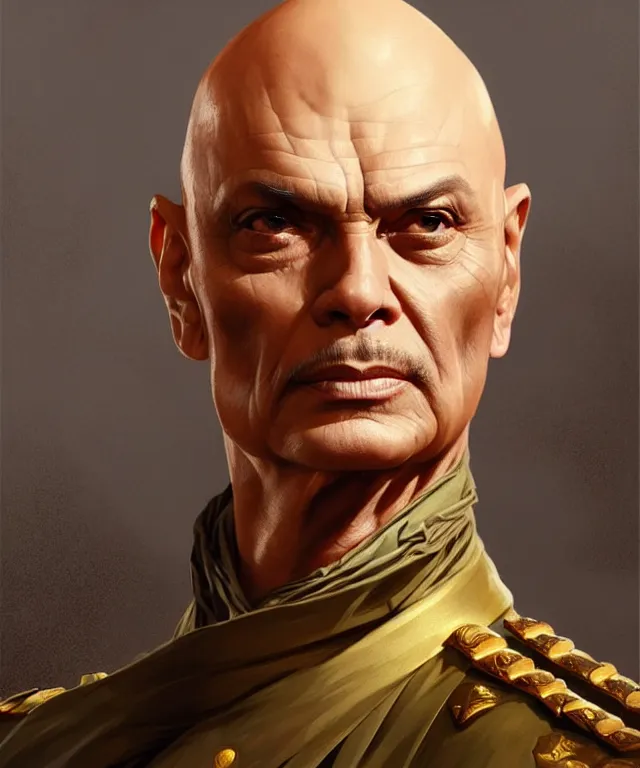 Prompt: Yul Brynner as an angry bald general, portrait, intricate, elegant, highly detailed, digital painting, artstation, concept art, smooth, sharp focus, illustration, art by artgerm and greg rutkowski and alphonse mucha