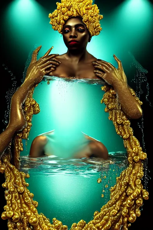 Image similar to hyperrealistic post rococo cinematic very expressive! black oshun goddess, in water up to her shoulders, mirror dripping droplet!, gold flowers, highly detailed face, digital art masterpiece, smooth eric zener cam de leon dramatic pearlescent volumetric teal light, wide shot, high angle uhd 8 k, sharp focus