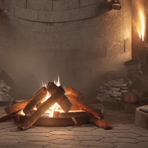 Image similar to 8 k hd detailed octane render of an iron age forge