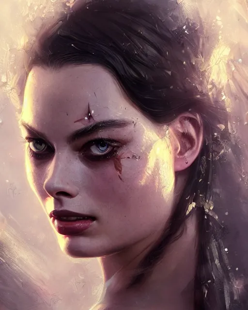 Image similar to margot robbie as a fairy, hyper realistic face, beautiful eyes, fantasy art, in the style of greg rutkowski, intricate, hyper detailed, smooth