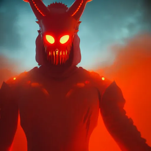 Prompt: villain wearing a red oni mask, orange body suit, dark background, unreal engine 5, ultra realistic, detailed, fog, volumetric lighting, by greg rutkowski,