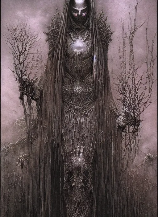 Prompt: majestic dark necromancer queen by Beksinski and Luis Royo