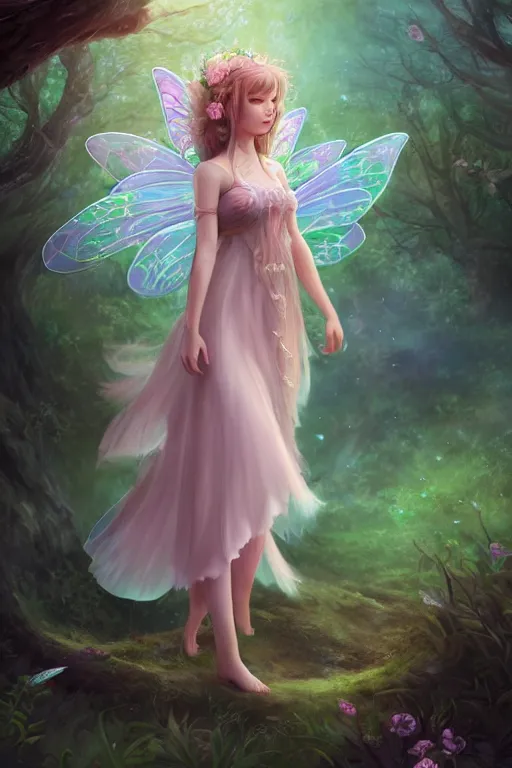 Image similar to a cute and geogerous fairy in the dreamy forest, fantasy, dreamlike, 8 k resolution, hyper detailed, d & d, character design, digital painting, trending on artstation, sharp focus, illustration, art by viktoria gavrilenko, hoang lap, fuji choko, steve zheng,