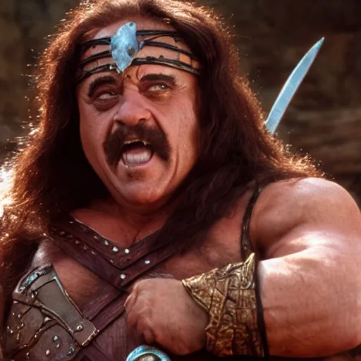 Prompt: danny devito as conan the barbarian, movie still, photorealism