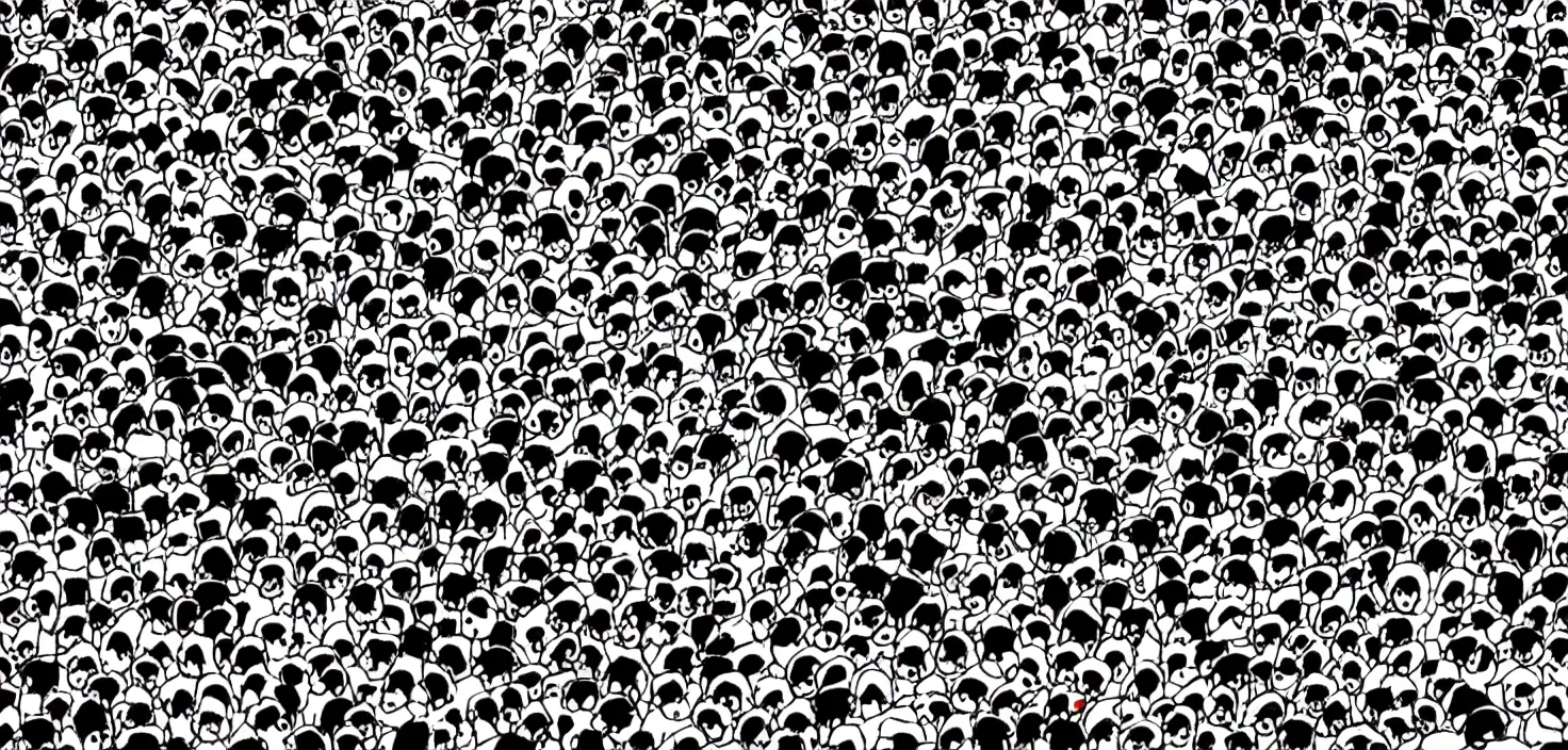 Image similar to a where's Wally challenge but with pandas, comic book style