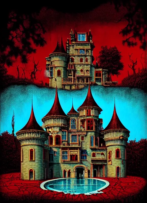 Prompt: detailed image of a creepy house castle, swimming pool filled of blood, swiming women, by richard corben, rich deep colors. masterpiece . intricate artwork, very coherent symmetrical artwork, cinematic, hyper realism, high detail, octane render, unreal engine, 8k, Vibrant colors, Smooth gradients, High contrast, depth of field. by Katsuhiro Otomo, full body character drawing, inspired by Evangeleon, clean ink detailed line drawing, intricate detail, extremely detailed.