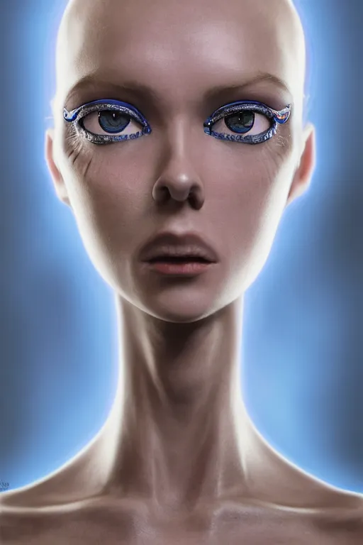 Prompt: beautiful studio portrait of an elegant blue alien woman with insect eyes, wearing an outfit made from plutonium, character art, silicone skin, symmetrical face, by luc besson and denis villeneuve, the 5 th element, hyperrealism, cinematrographic, sharp details, 3 5 mm, f / 2 4, masterpiece, artstation