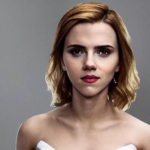 Image similar to a woman who is a genetic combination of scarlett johansson and emma watson face and upper - body focus