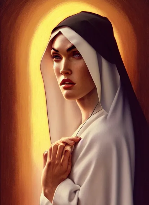 Image similar to portrait of megan fox as a sultry nun, bible, catholic, religion, cross, prayer, intricate, headshot, highly detailed, digital painting, artstation, concept art, sharp focus, cinematic lighting, illustration, art by artgerm and greg rutkowski, alphonse mucha, cgsociety