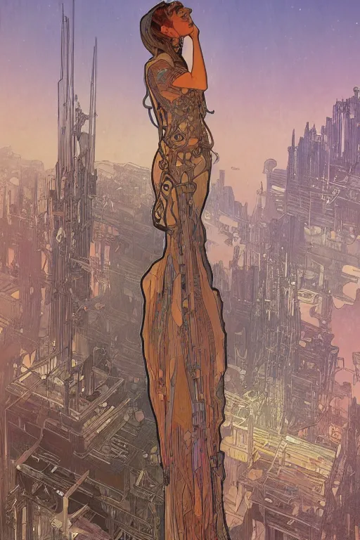 Prompt: comic book illustration, a very tall structure hovers 10 feet above the ground, the ground below it is scorched and cracked and a young girl stands near it looking up at it, cyberpunk concept art by Moebius and Alphonse Mucha, highly detailed, intricate, sci-fi, sharp focus, Trending on Artstation HQ, deviantart