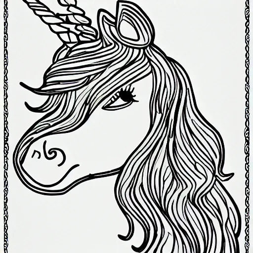 Prompt: unicorn, children's coloring book, black and white