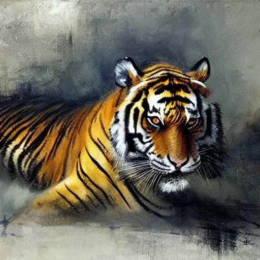 Prompt: tiger and crocodile hybrid animal, painting by jeremy mann