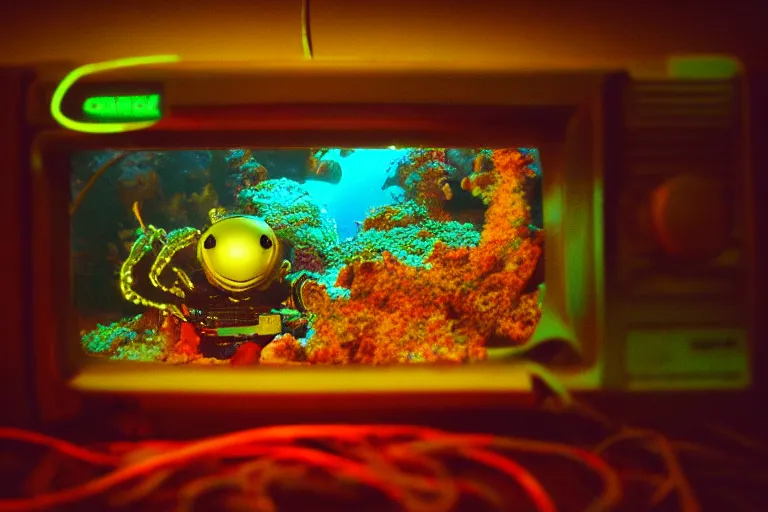 Image similar to robot kawaii cute cyborg - crab underwater, in 2 0 1 2, bathed in the the glow of a crt television, crabcore cybercore, low - light photograph, photography by tyler mitchell