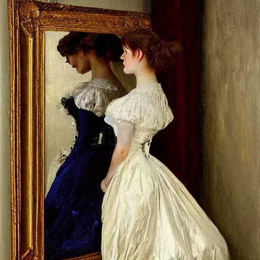 Image similar to young victorian lady in ball gown getting dressed, painted by alfred stevens
