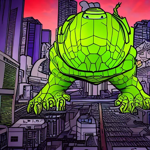 Prompt: giant cybertoad of death destroying a city