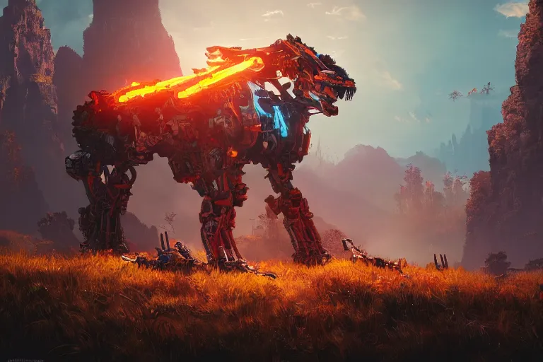 Image similar to fireclaw machine mecanical creature robot of horizon forbidden west horizon zero dawn bioluminiscence global illumination ray tracing hdr fanart arstation by ian pesty and alena aenami artworks in 4 k