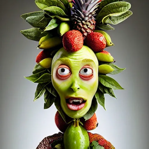 Image similar to fruit dryad by arcimboldo, fruit megan fox editorial by malczewski and arcimboldo, vegetables dryad sculpture by arcimboldo, stil frame from'cloudy with a chance of meatballs 2'( 2 0 1 3 ) of banana dryad, fruit hybrid megan fox editorial by alexander mcqueen and arcimboldo