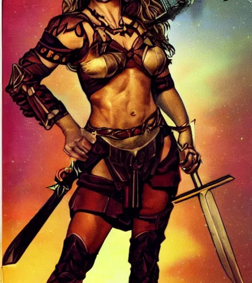 Prompt: 1 9 8 0 s fantasy novel book cover, amazonian eva mendes in extremely tight bikini armor wielding a cartoonishly large sword, exaggerated body features, dark and smoky background, low quality print