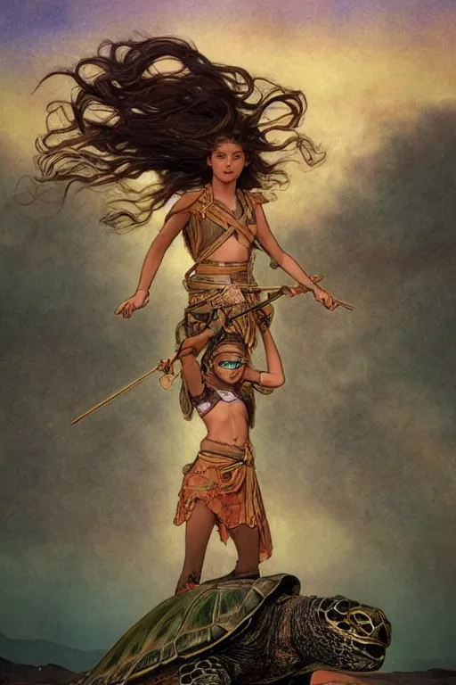 Image similar to a little warrior girl sitting on top of a giant turtle that is walking in the desert, seen from a distance. the girl is fully visible and has dark skin and beautiful green eyes, realistic full body and a very beautiful detailed face with long black hair. diffuse light, dramatic sky and landscape, fantasy illustration by mucha