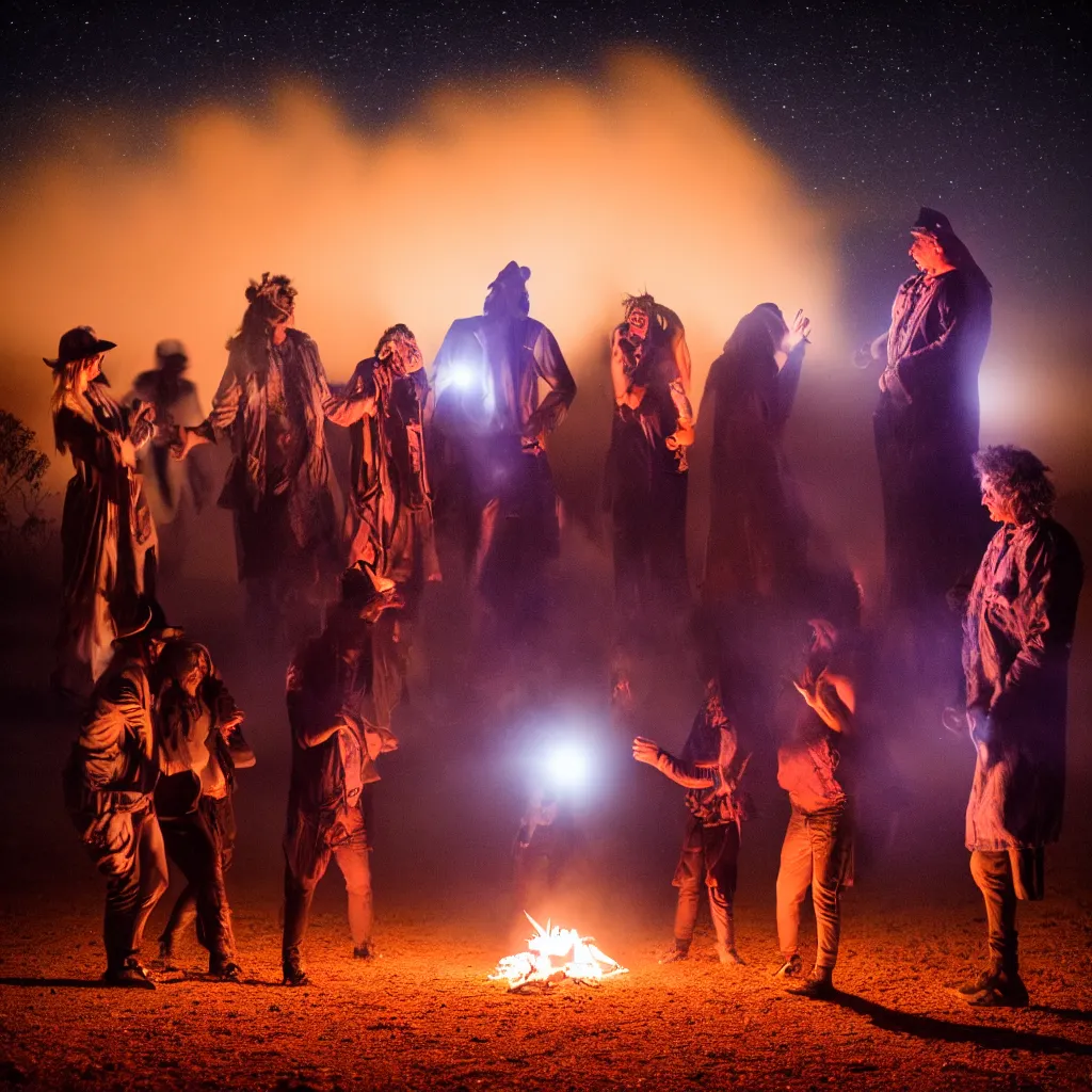 Image similar to atmospheric long exposure night photograph of three ravers, two men, one woman, woman is in a trenchcoat, blessing the soil at night, people facing fire circle, two aboriginal elders, dancefloor kismet, diverse costumes, clean composition, desert transition area, bonfire, atmospheric night, australian desert, symmetry, sony a 7 r