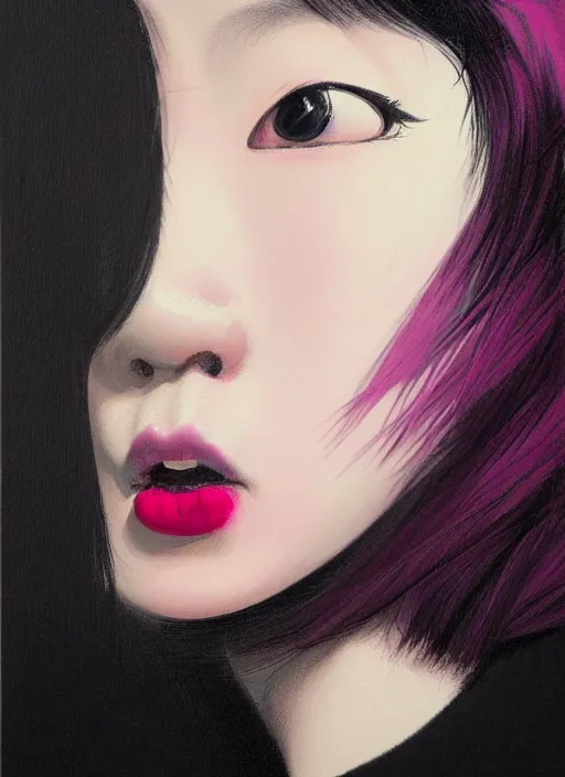 Image similar to portrait of a plump korean woman with a crooked nose and a confident expression, 1 9 6 0 s, black clothes, goth, punk, brightly coloured hair, funk, intricate, elegant, highly detailed, digital painting, artstation, concept art, smooth, sharp focus, illustration, art by wlop, mars ravelo and greg rutkowski