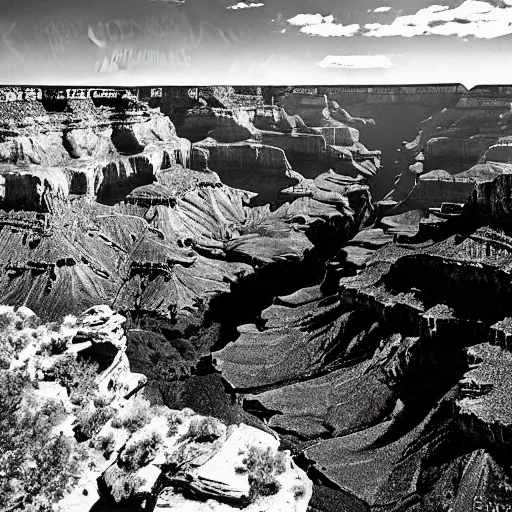 Prompt: grand canyon, high resolution, black and white photograph by ansel adams