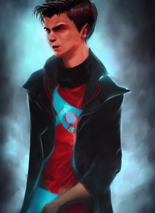 Image similar to An epic fantasy comic book style portrait painting of a young man with black cowlick haircut, wearing black overcoat, red clothes, blue jeans. Unreal 5, DAZ, hyperrealistic, octane render, cosplay, RPG portrait, dynamic lighting