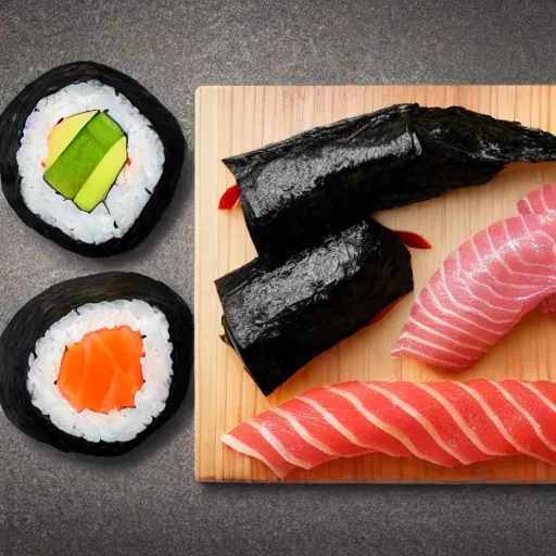 Image similar to sushi laid out on a slab of stone that is laying on a wooden table, high detail, 4k, complex