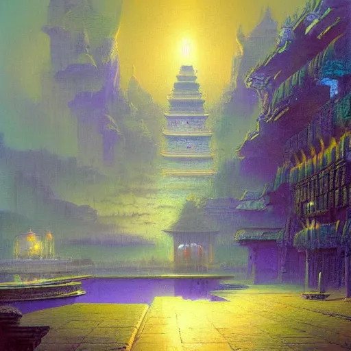 Prompt: a beautiful painting of a dimly lit temple with blue and purple sources of light by bruce pennington, trending on artstation