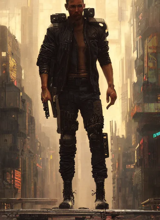 Image similar to buff joe. cyberpunk mercenary in a cyberpunk jumpsuit ( blade runner 2 0 4 9, cyberpunk 2 0 7 7 ). orientalist portrait by john william waterhouse and james gurney and theodore ralli and nasreddine dinet, oil on canvas. cinematic, hyper realism, realistic proportions, dramatic lighting, high detail 4 k