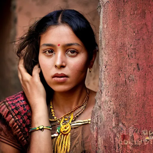 Prompt: vintage portrait of a stunningly beautiful nepali female, dark eyes, dark hair, olive skin, depth of field, zeiss lens, detailed, symmetrical, centered, fashion photoshoot, by edward s curtis, Annie Leibovitz and Steve McCurry, David Lazar, Jimmy Nelsson, Breathtaking, 8k resolution, extremely detailed, beautiful, establishing shot, artistic, hyperrealistic, beautiful face, octane render