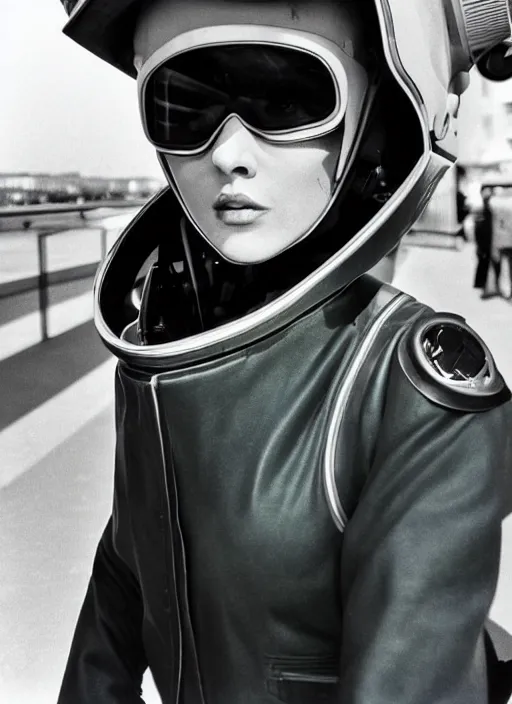 Prompt: ektachrome, 3 5 mm, highly detailed : incredibly realistic, perfect features, buzz cut, beautiful three point perspective extreme closeup 3 / 4 portrait photo in style of chiaroscuro style 1 9 7 0 s frontiers in flight suit cosplay paris seinen manga street photography vogue fashion edition